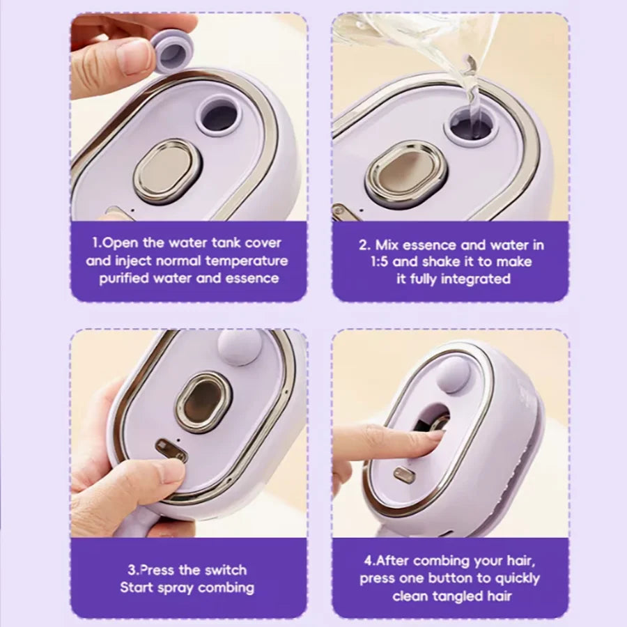 Instructions for using an Ionic Steam Hair Brush with hydrating detangling bristles, showing steps to mix essence and water a