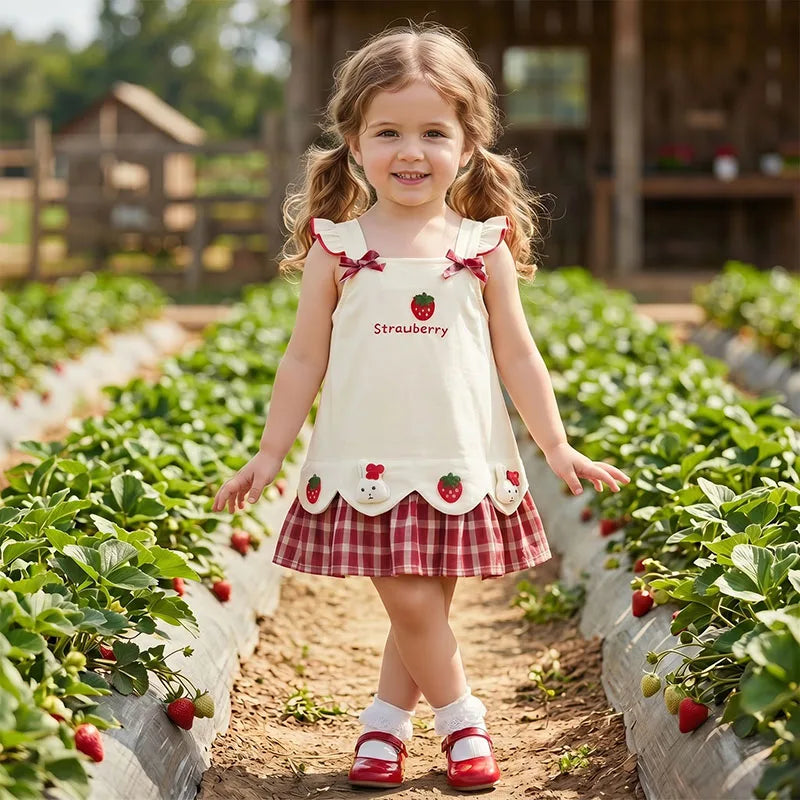 A young girl wearing a white pinafore dress with strawberry and bunny prints stands among green plants.