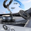 A black magnetic phone holder with a rotating joint is shown in various angles, including a free adjustment feature.