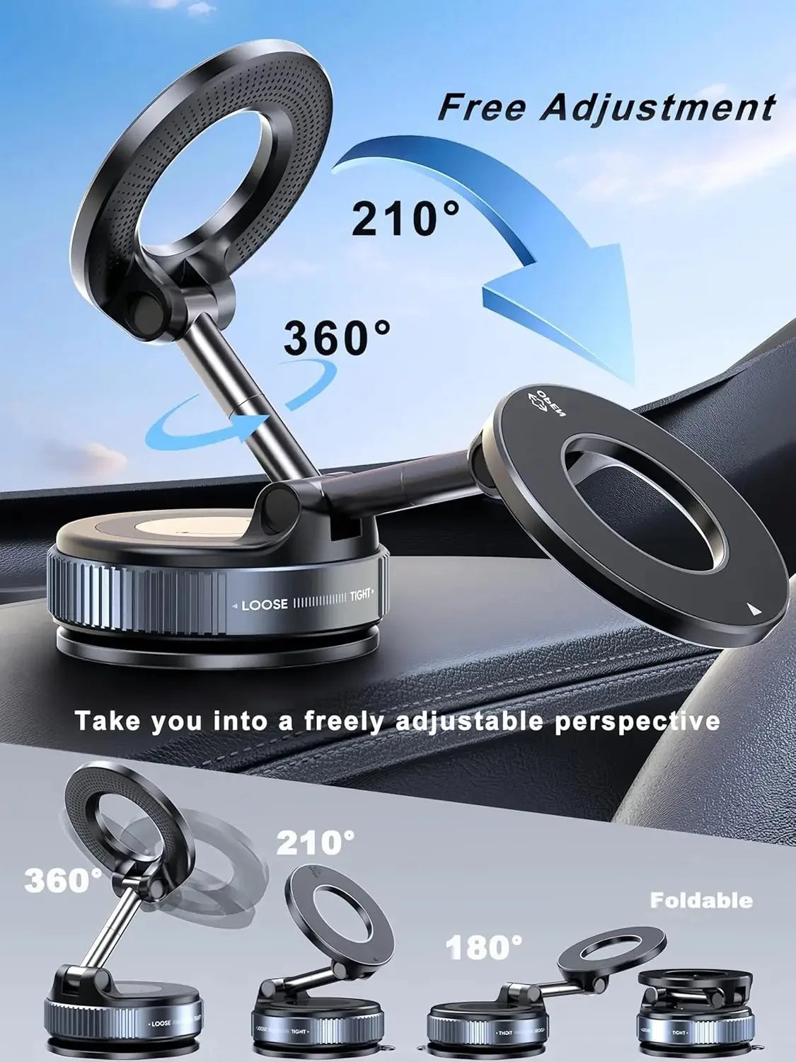 A black magnetic phone holder with a rotating joint is shown in various angles, including a free adjustment feature.