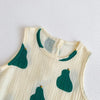 A cream-colored baby cotton sleeveless jumpsuit bodysuit set featuring green pear print details.