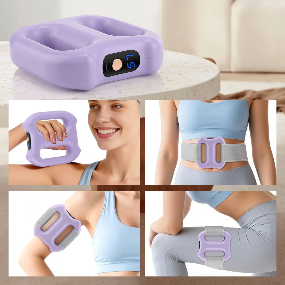 Masajeador vibratorio de doble anillo morado con correa, mostrado en varios ángulos de uso en mano y pierna.