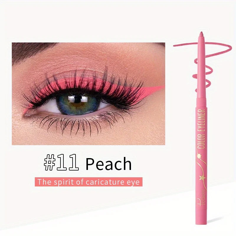 Delineador líquido rosado #11 Peach con punta vibrante junto a una muestra de maquillaje de ojos.