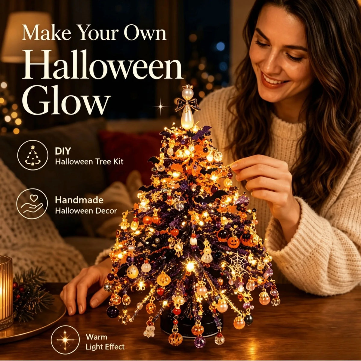 En kvinne pynter et DIY Halloween-glødetre-sett med fargerike lys og ornamenter.