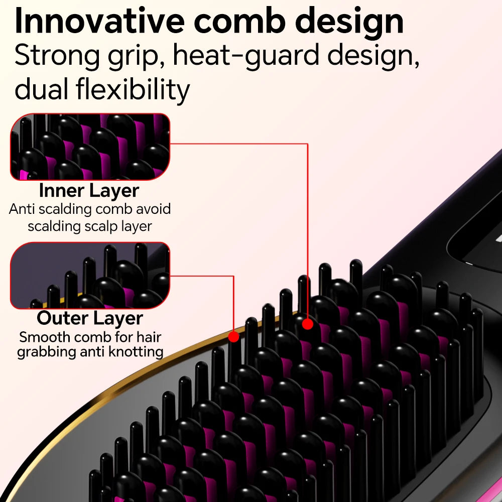 Close-up of a black hair straightening brush showing inner and outer layers for grip and anti-knot features