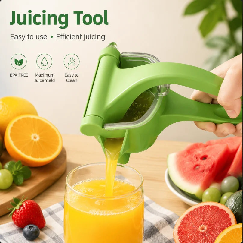 En hånd bruker et grønt juiceverktøy for å presse juice fra en appelsin, og heller væsken i et glass.