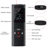 A black laser distance measurer shows various indicators and controls like battery display, unit indication, and measurement 