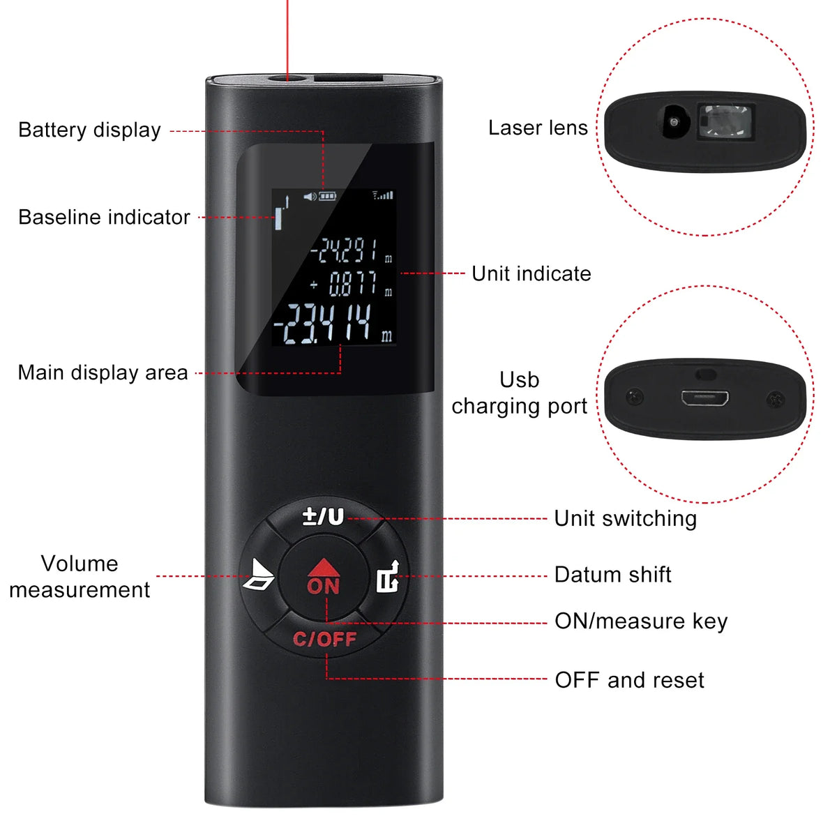 A black laser distance measurer shows various indicators and controls like battery display, unit indication, and measurement 