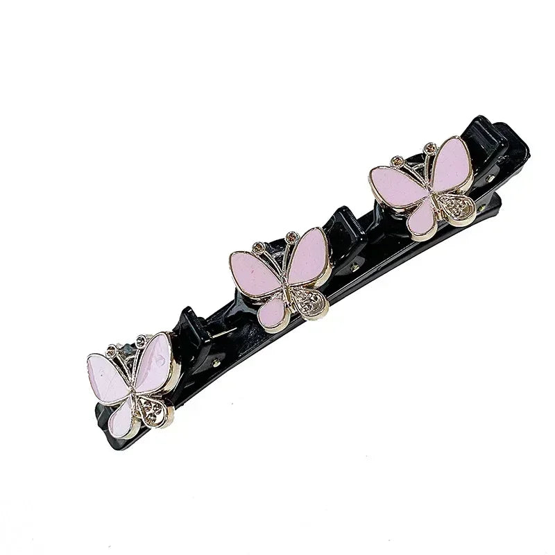 Clip para el cabello negro trenzado de doble capa con adornos de mariposas rosas
