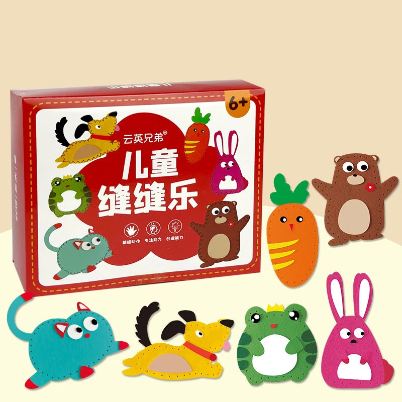 A box containing a beginner felt animal sewing kit with various colorful felt animals and sewing tools.