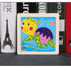 A wooden jigsaw puzzle featuring colorful dinosaur shapes, including a yellow and purple dinosaur, displayed in front of vari