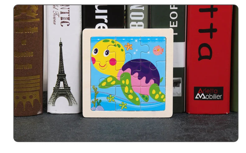 A wooden jigsaw puzzle featuring colorful dinosaur shapes, including a yellow and purple dinosaur, displayed in front of vari