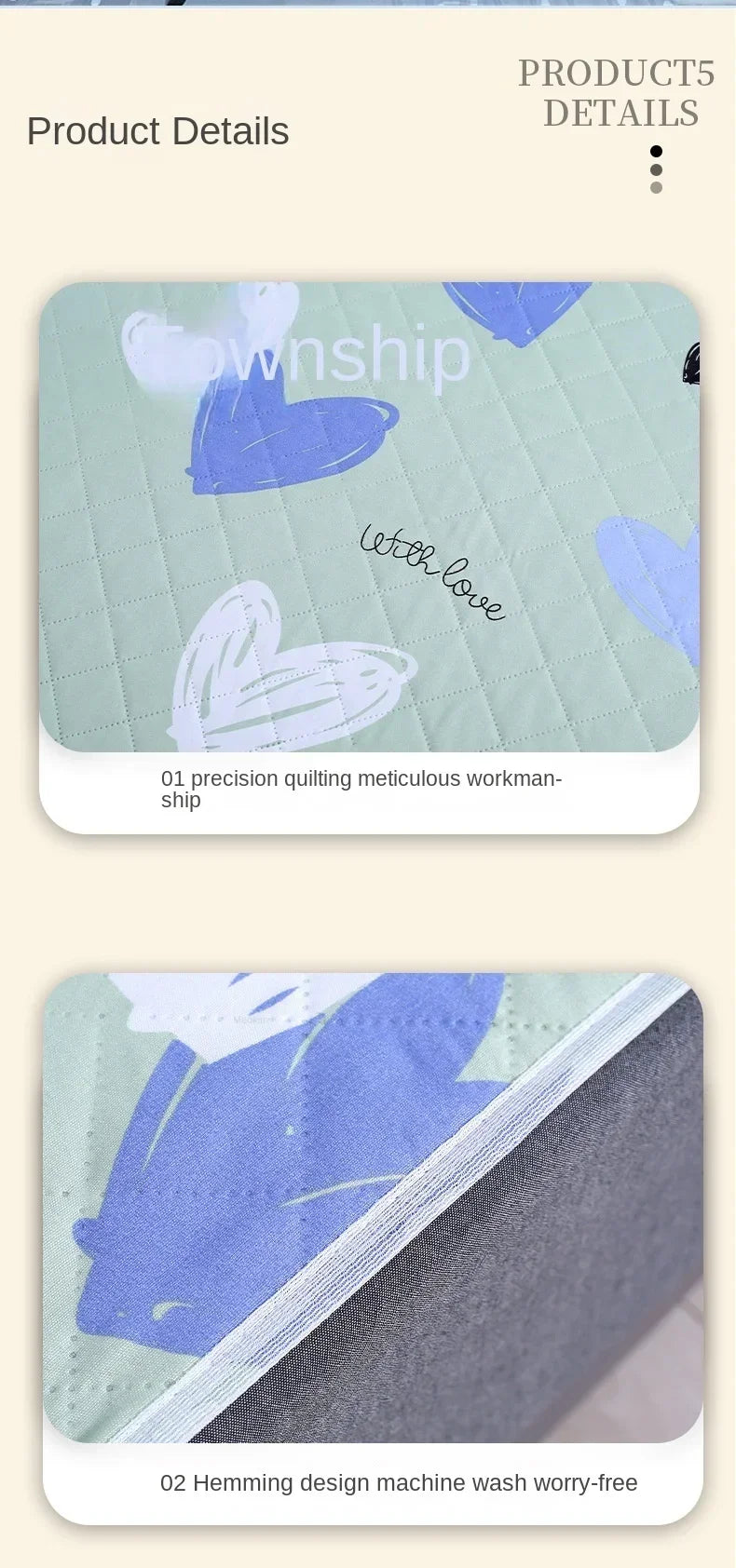 A close-up of a quilted baby mattress protector featuring a purple cartoon design and stitching details.