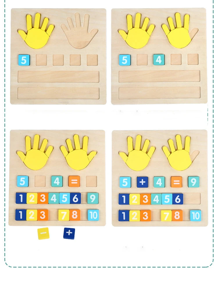Wooden finger counting number learning toy showing hands and numbered blocks for addition and counting skills