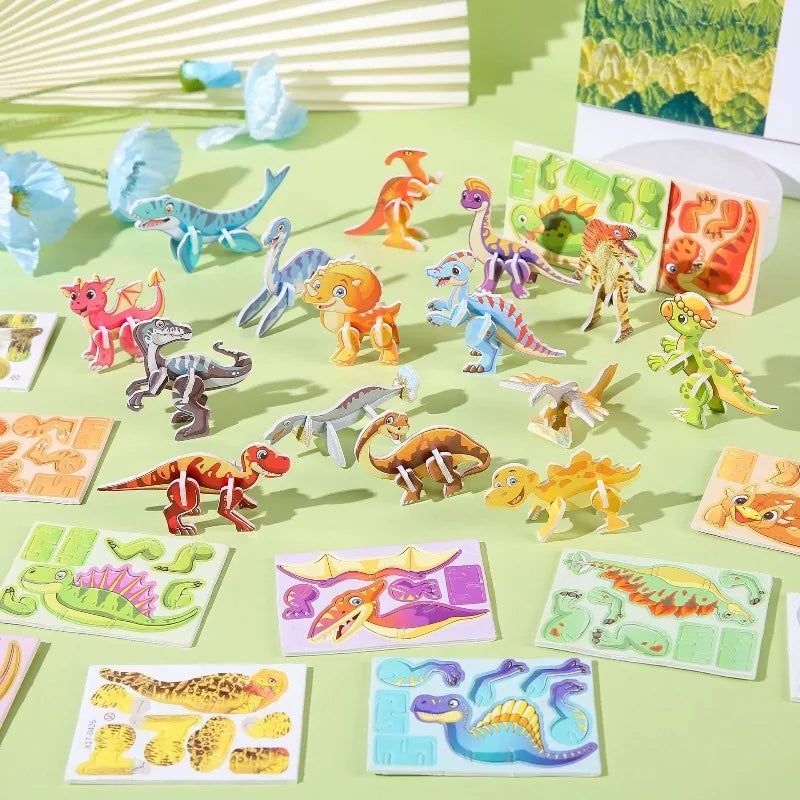 A collection of colorful 3D foam animal puzzle pieces for children, including dinosaurs and other creatures.