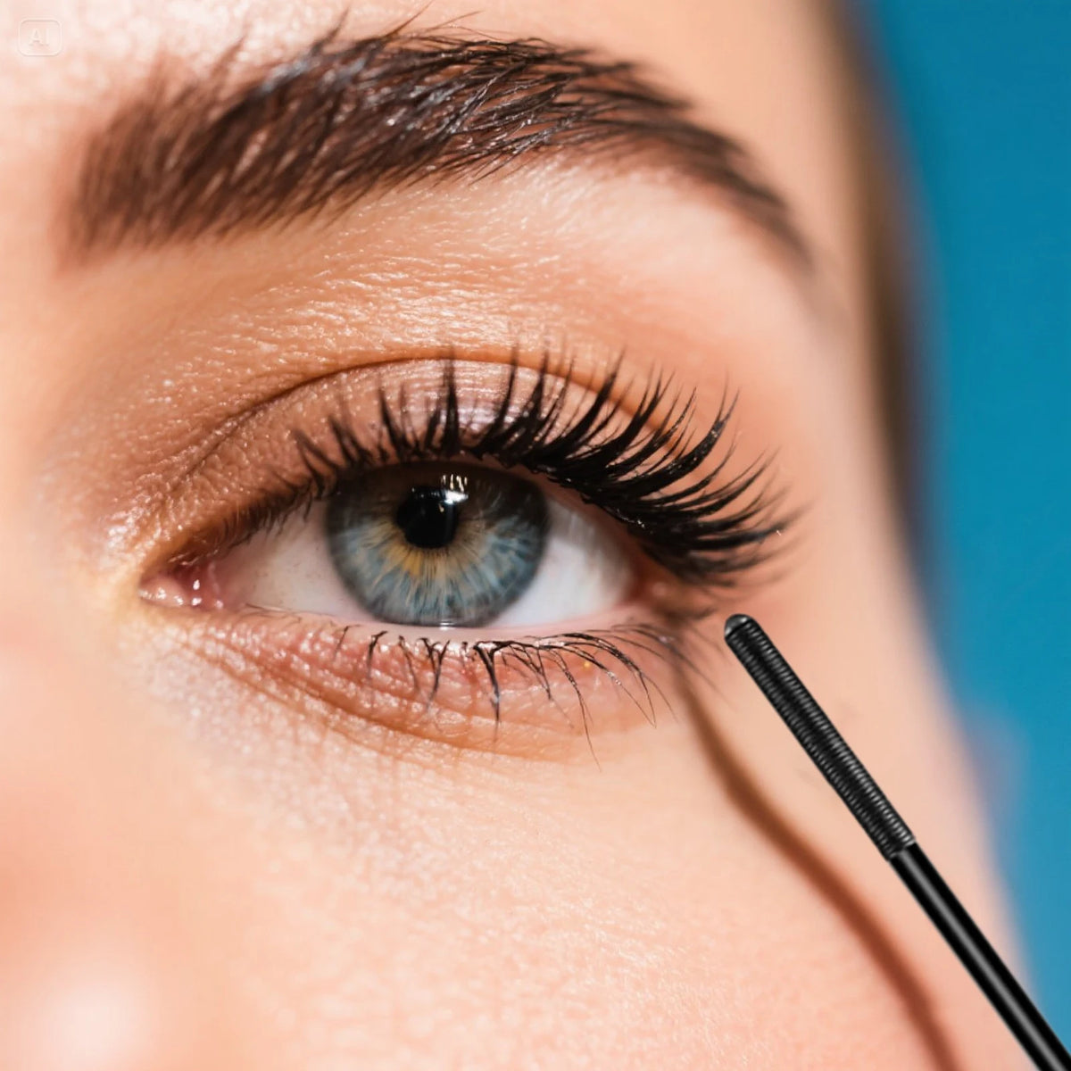Close-up of an eye showing long black lashes applied with a mascara brush.