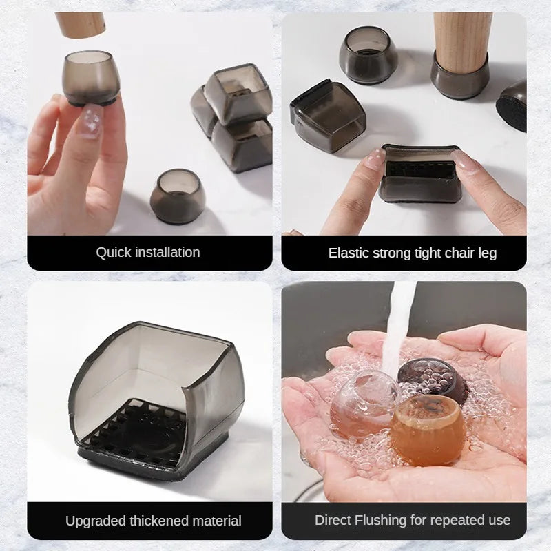 Silicone furniture leg pads with felt bottom shown in various installation and usage contexts.
