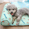 A small, fluffy gray dog is lying on a light green pet cooling mat with avocado-themed patterns.