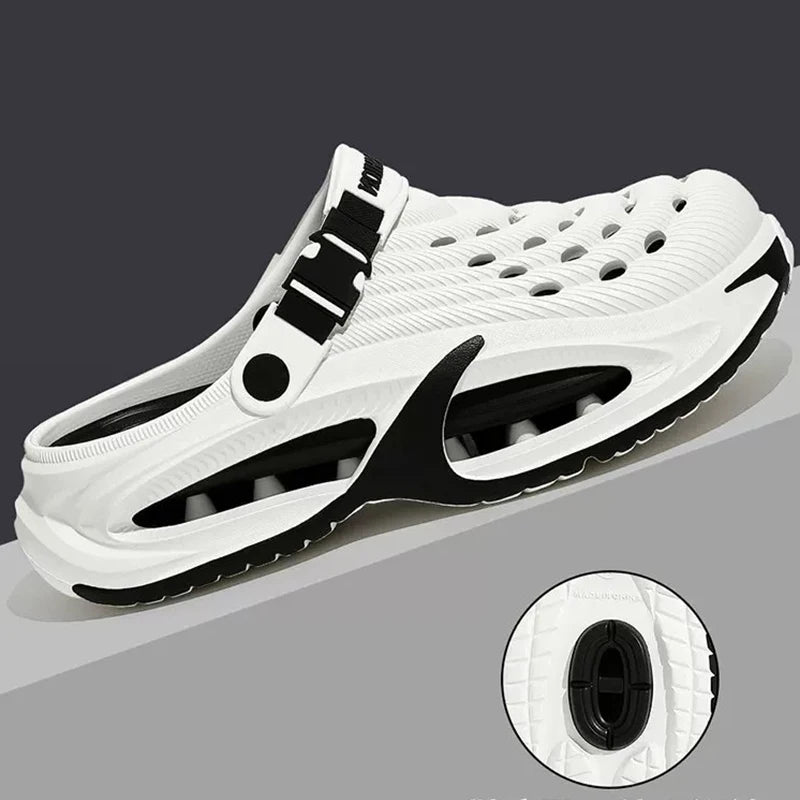 White men's EVA slip-on sandals with a cushioned platform sole shown from the side.