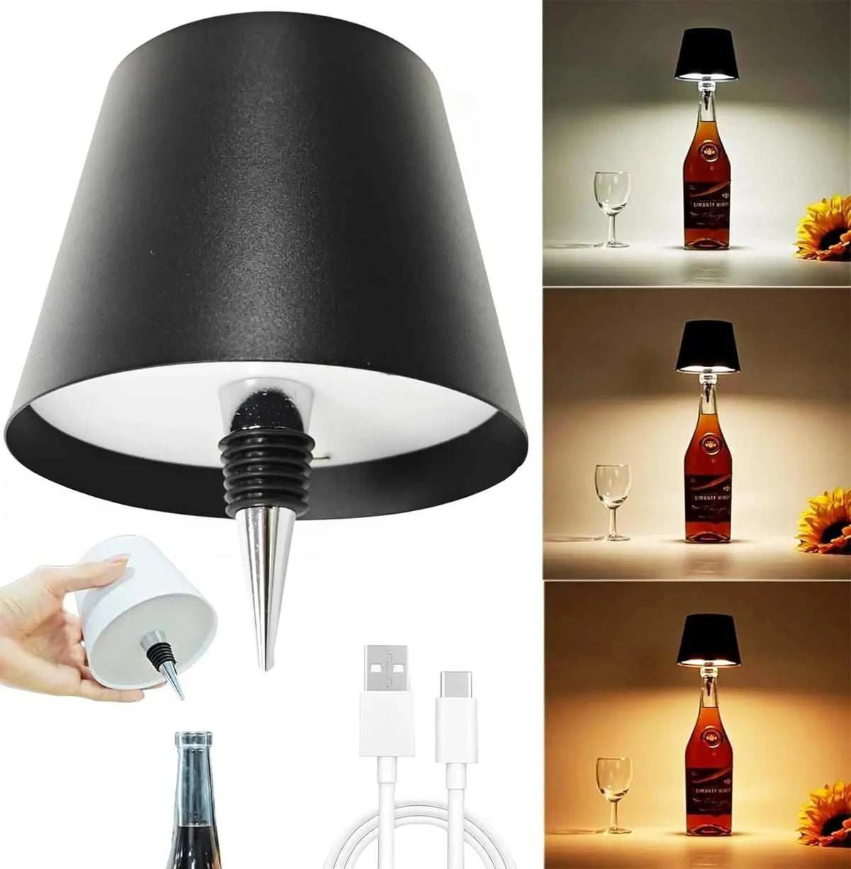 A black LED table lamp with a conical shade and a glass base is shown in various lighting modes.
