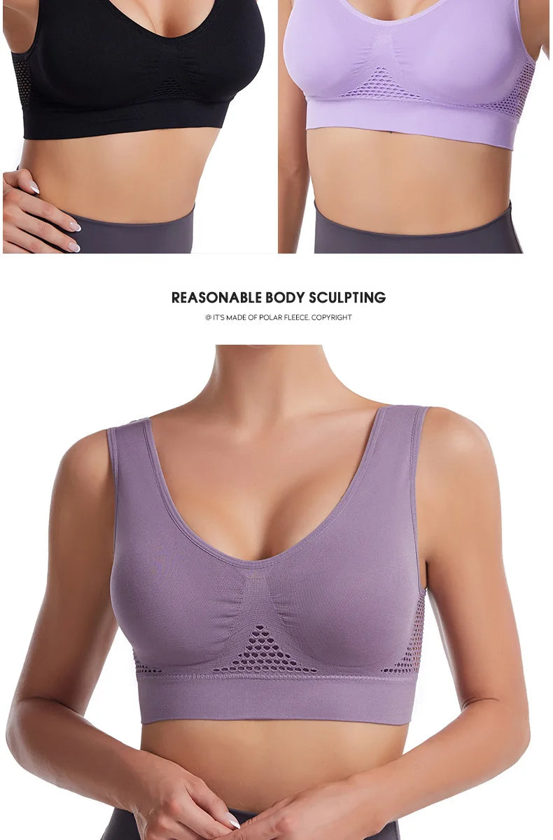 A purple breathable plus size sports bra is shown being worn by a model.