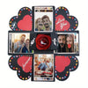 Geschenkbox für Fotoalben mit herzförmigen Ausschnitten und verschiedenen Paar- und Einzelfotos