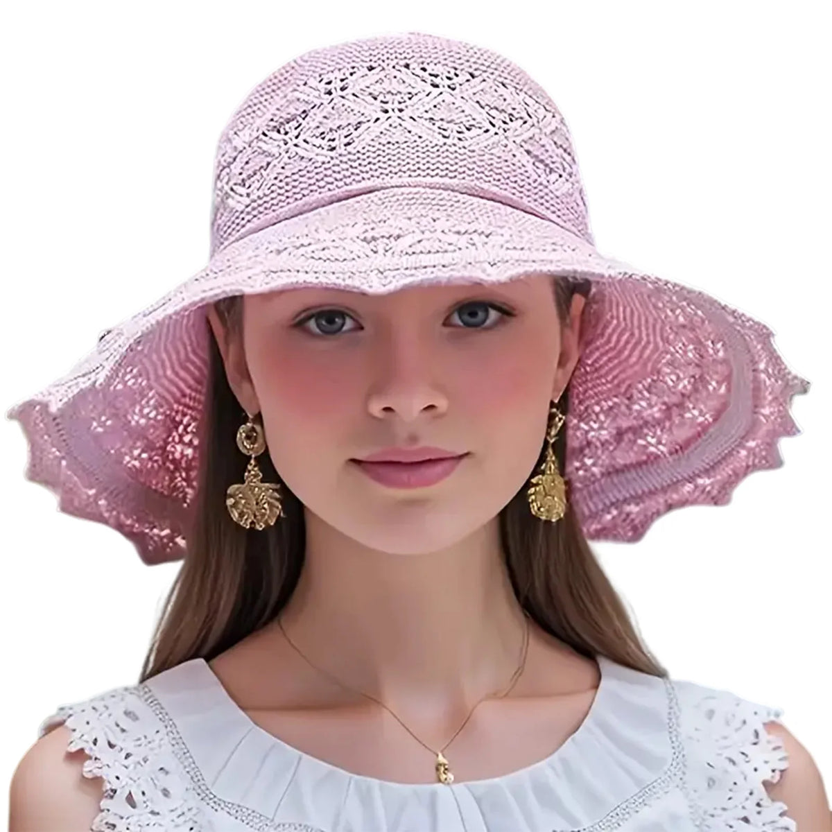 A woman models a pink lace-trimmed foldable sun visor hat.