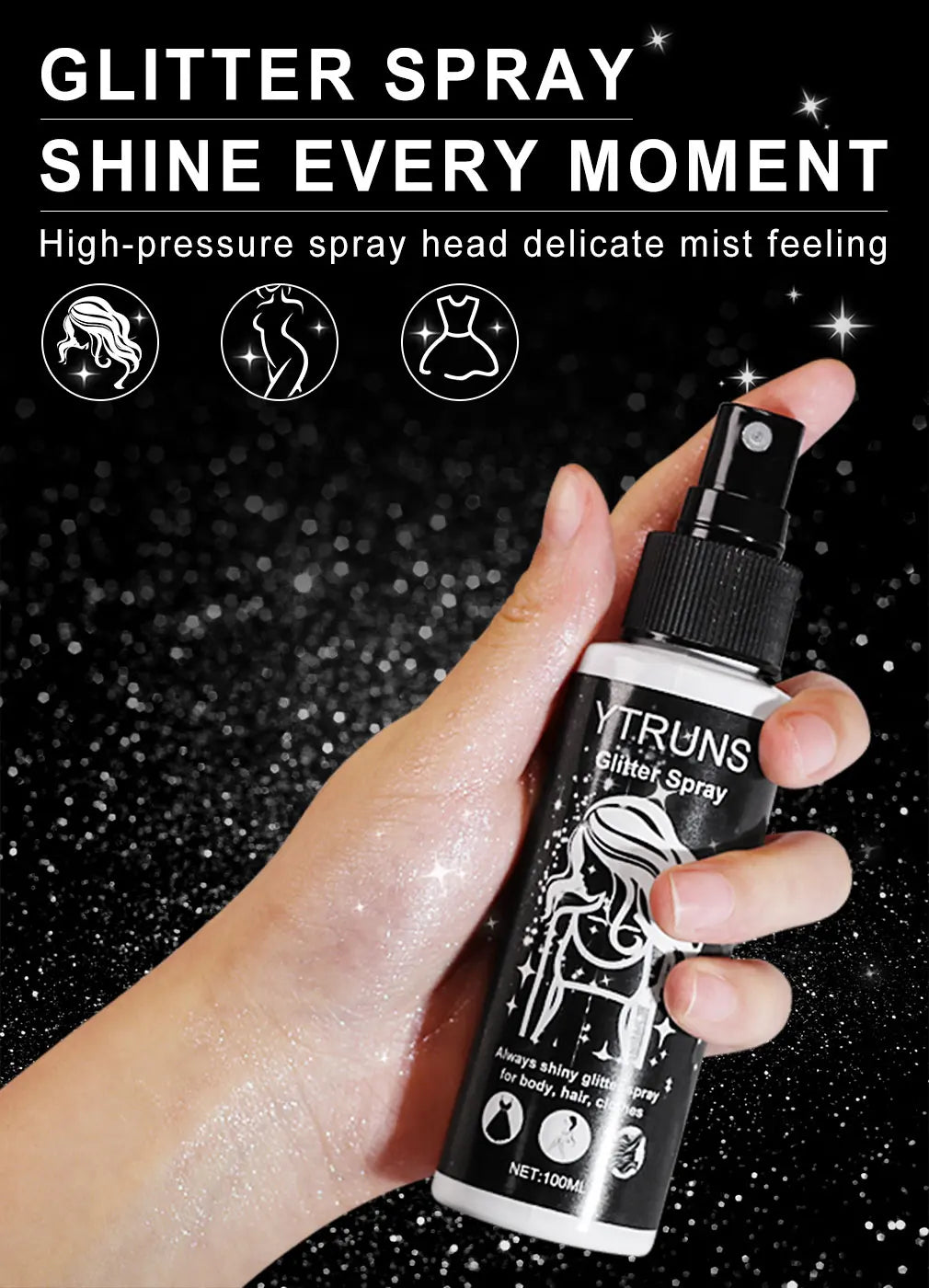 Una mano sostiene un spray de purpurina YTRUNS para cuerpo, cabello y ropa.