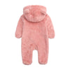 A pink baby fleece hooded romper with a zipper.