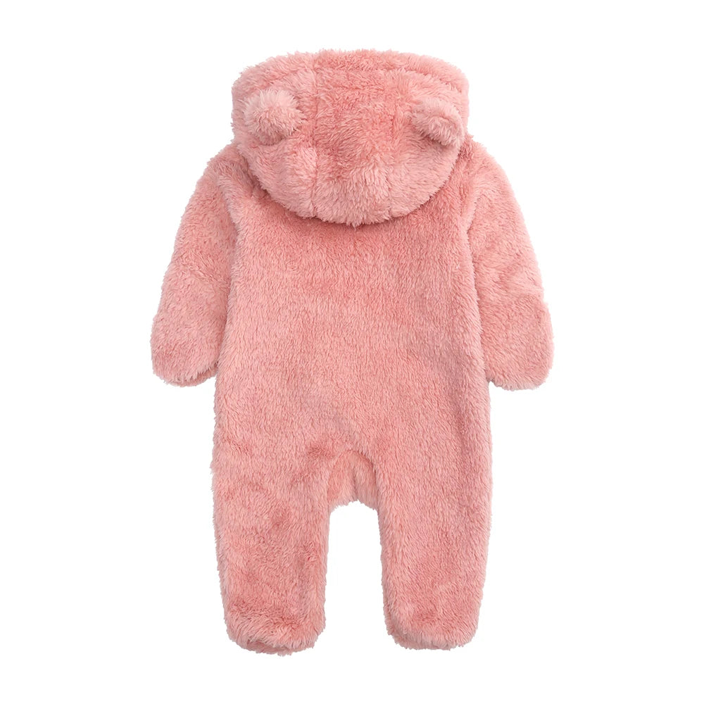 A pink baby fleece hooded romper with a zipper.