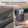 A car door storage organizer with a cup holder and phone pocket is shown, demonstrating how to stay stable on bumpy roads wit