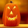 An orange glowing jack-o'-lantern pumpkin lantern with carved facial features sitting on a wooden surface.