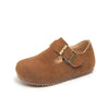 A brown retro non-slip kids' moccasin shoe with a leather hook-and-loop closure.