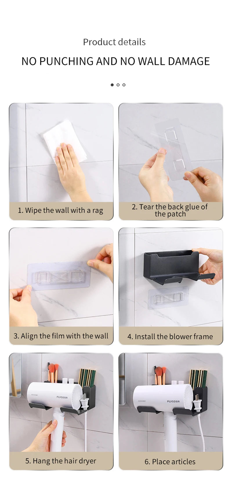 Instrucciones paso a paso para instalar un soporte de secador de pelo montado en la pared.