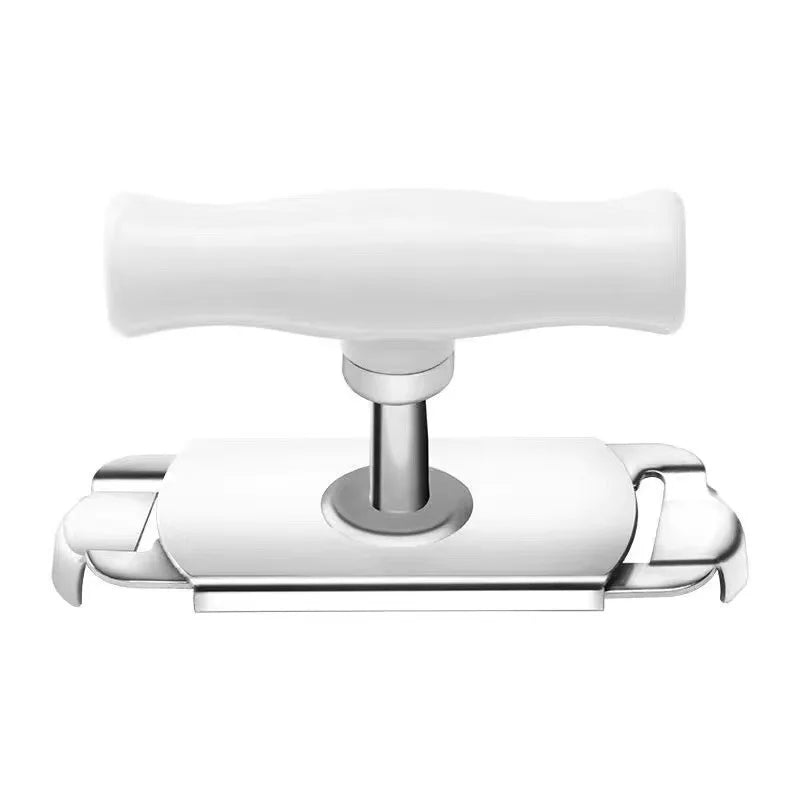 A silver automatic electric can and jar opener with a white handle.