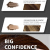 A close-up of a cosmetic product featuring hair color shades Hazel Brown and Medium Blonde, used as a confidence booster.
