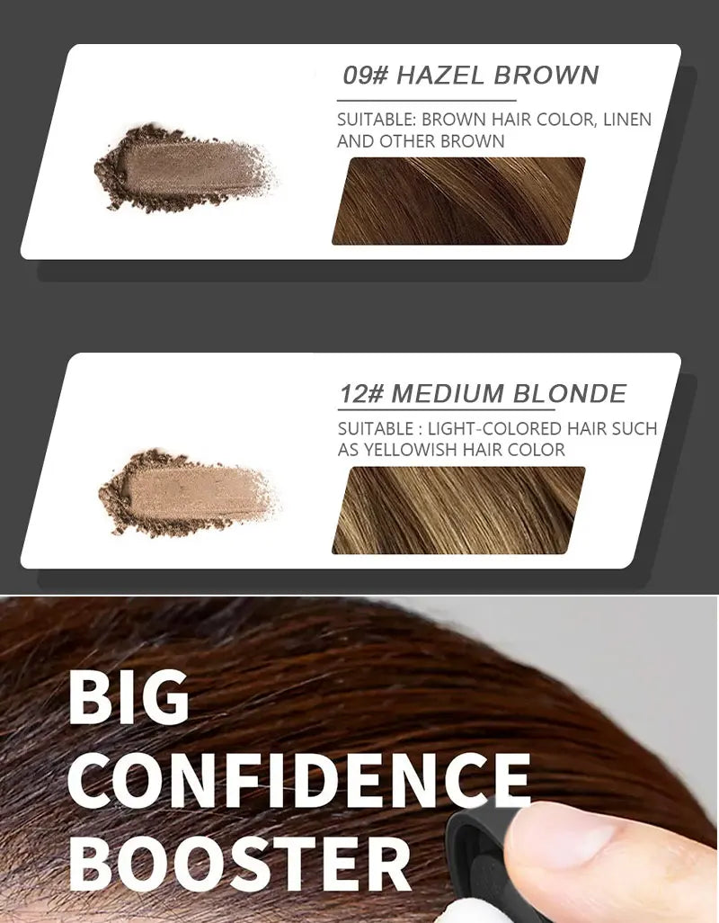 A close-up of a cosmetic product featuring hair color shades Hazel Brown and Medium Blonde, used as a confidence booster.