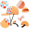 Orange baseball cap with a checkered pattern and an adjustable black strap.
