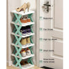 A modular stackable shoe rack with five tiers holding various types of shoes and bags, including flats, high-top shoes, boots