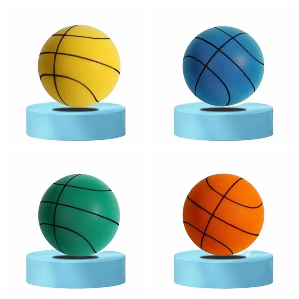 Four colored training basketballs—yellow, blue, green, and orange—displayed on light blue circular bases.