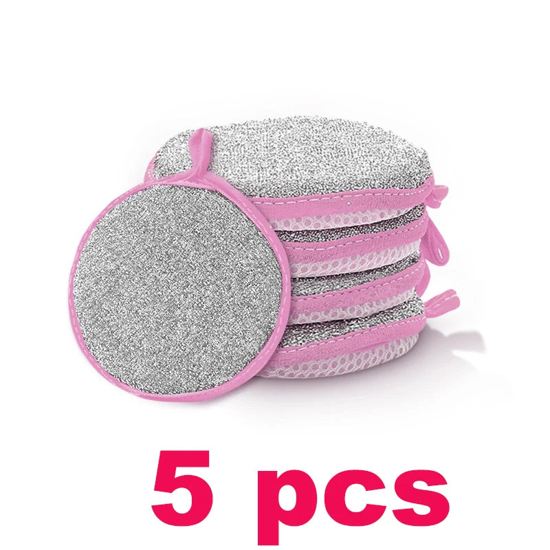Five pink and silver double-sided non-stick dish sponges with scouring pads