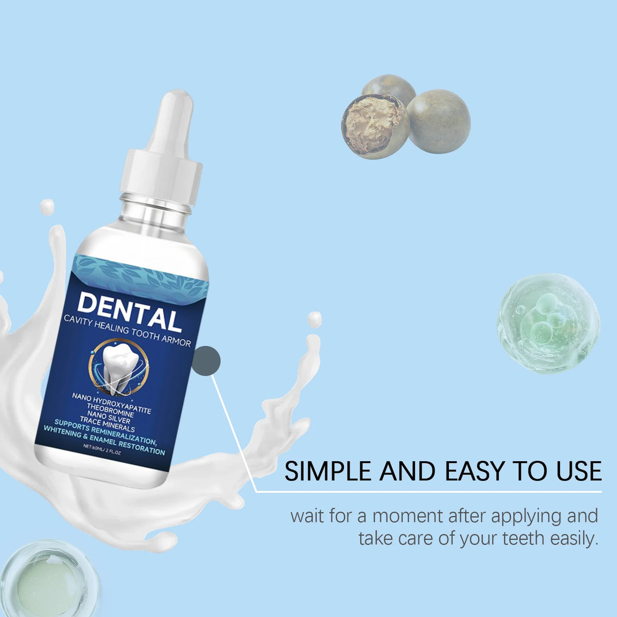 A bottle of Dental Cavity Healing Tooth Armor drops is shown with a drop on a white surface.