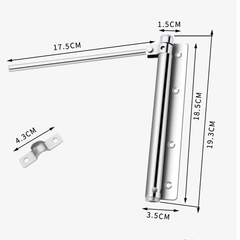 Stainless steel automatic door closer with an invisible spring mechanism shown in a side view.