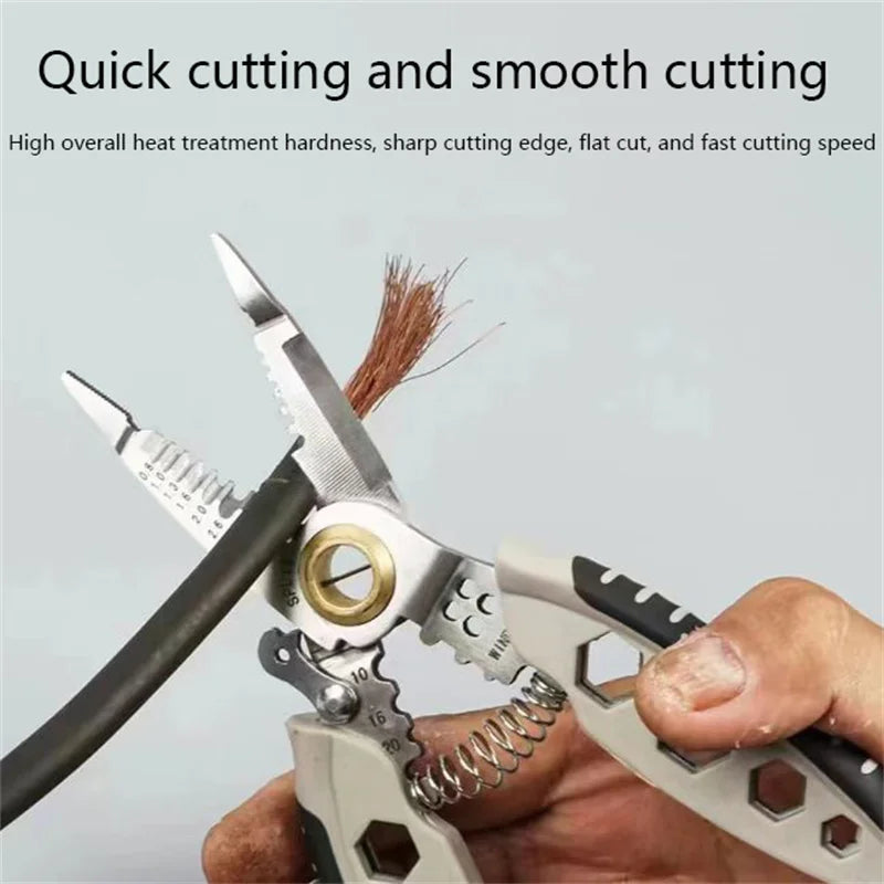 A hand holds a pair of wire stripping pliers with a sharp cutting edge, demonstrating quick and smooth cutting.