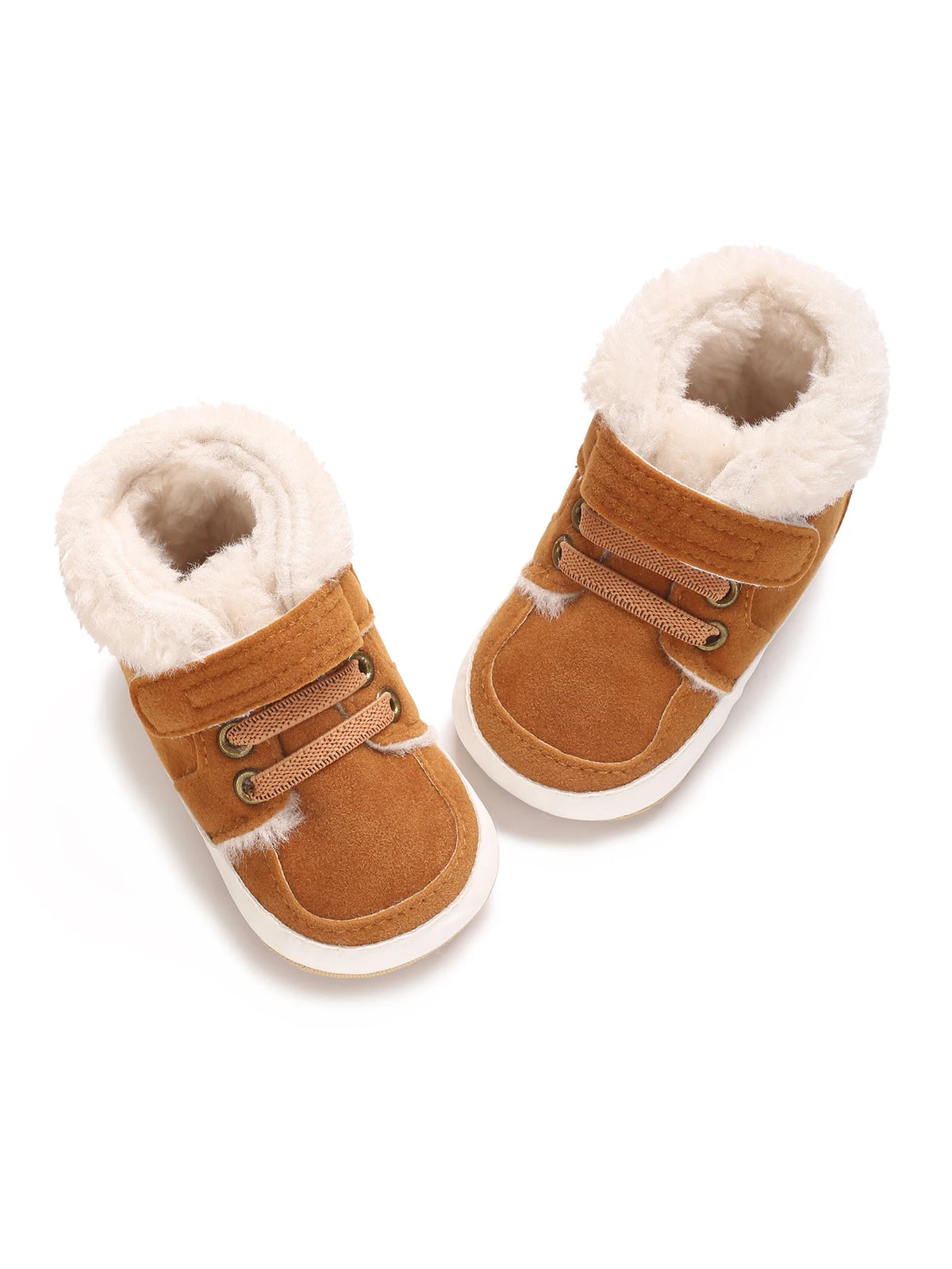 A pair of brown suede baby winter snow boots with fluffy cream-colored shearling lining.