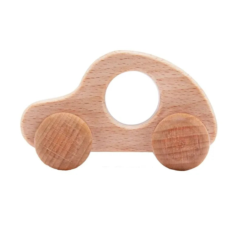 A light wood hand-pushed cart toy for toddlers with a rounded shape and a circular opening.