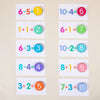 A set of wooden math cards showing various addition and subtraction equations with corresponding counting blocks.