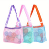 Three colorful mesh crossbody bags in purple, pink, and orange with adjustable straps.