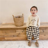 A young child wearing beige sweatshirt and checkered brown harem pants standing next to a woven basket.