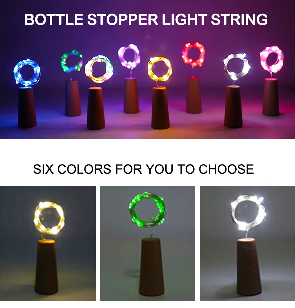 A display of six colored bottle stopper light strings on dark pedestals.